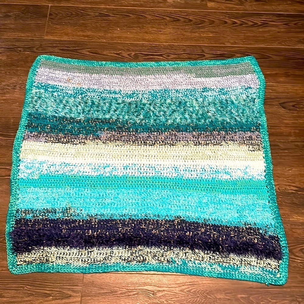Hand made crocheted striped shades of blue heavy knit throw small blanket